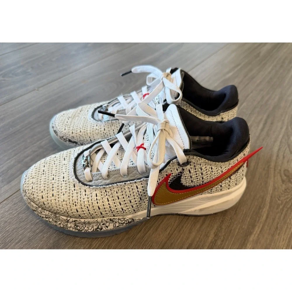 Nike LeBron Mens Basketball Shoes Size 7‎ Cream Knit Red Swoosh Sneakers